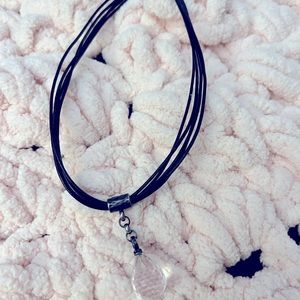 Black 5-strand leather necklace with tear-drop crystal